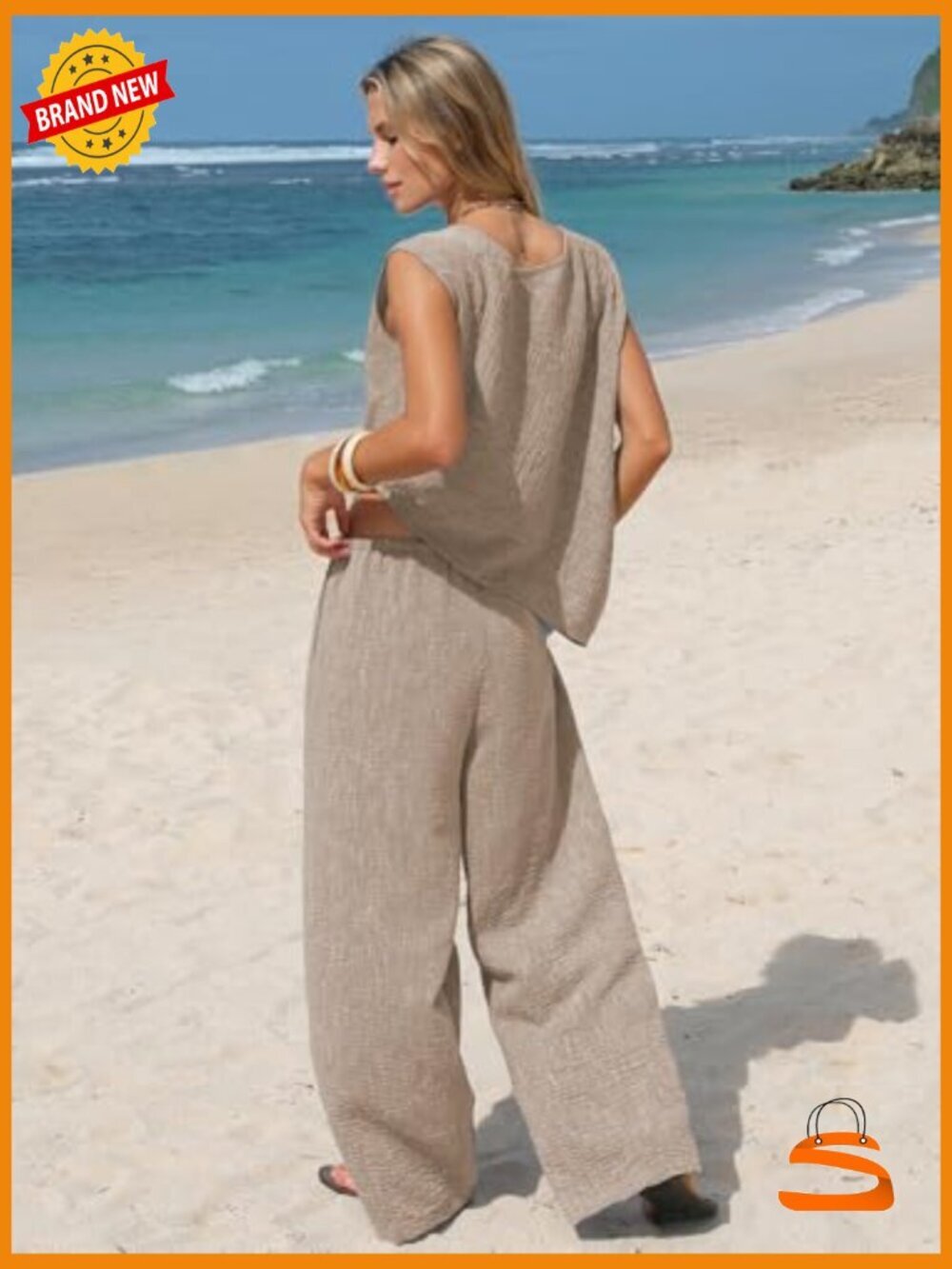 Summer Two Piece Set Cotton Asymmetrical Tank Top Wide Leg Pants Lounge Wear - Picture 5 of 7